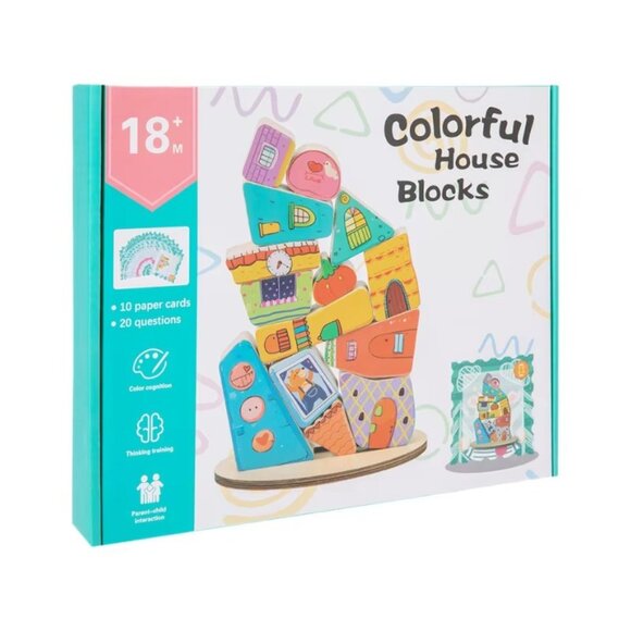 Montessori Wooden Stacking Toy,Colorful Houses Building Blocks Game 14 Pcs Monte - Picture 9 of 12